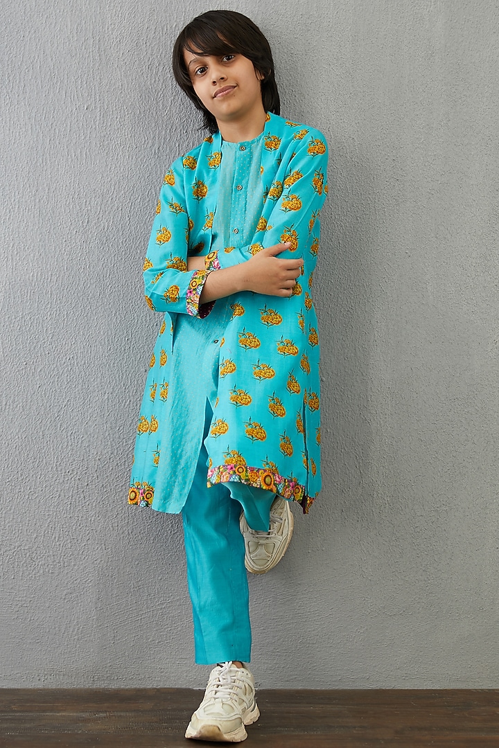 Neon Blue Handwoven Chanderi & Cotton Silk Kurta Set For Boys by Torani Kids at Pernia's Pop Up Shop