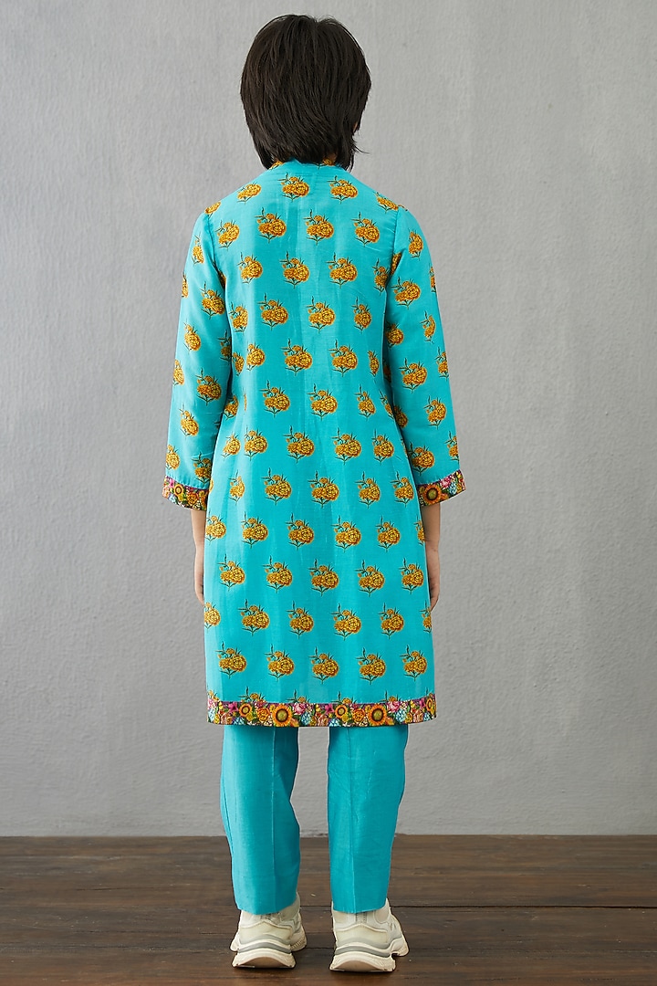 Neon Blue Handwoven Chanderi & Cotton Silk Kurta Set For Boys by Torani Kids at Pernia's Pop Up Shop