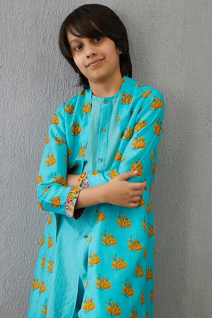 Neon Blue Handwoven Chanderi & Cotton Silk Kurta Set For Boys by Torani Kids at Pernia's Pop Up Shop
