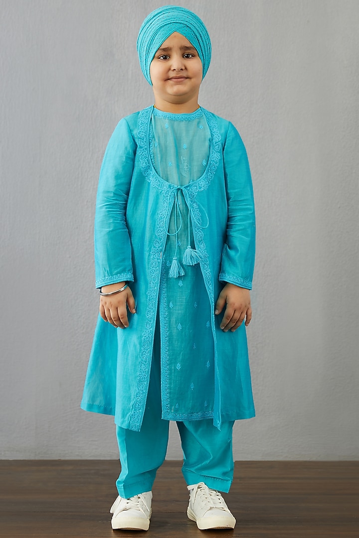 Caribbean Blue Handwoven Chanderi & Cotton Silk Kurta Set For Boys by Torani Kids at Pernia's Pop Up Shop