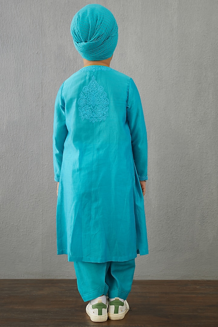 Caribbean Blue Handwoven Chanderi & Cotton Silk Kurta Set For Boys by Torani Kids at Pernia's Pop Up Shop