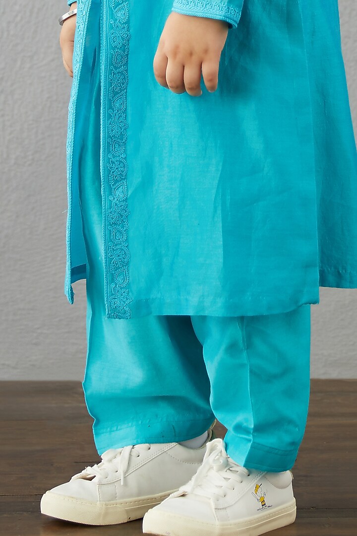 Caribbean Blue Handwoven Chanderi & Cotton Silk Kurta Set For Boys by Torani Kids at Pernia's Pop Up Shop