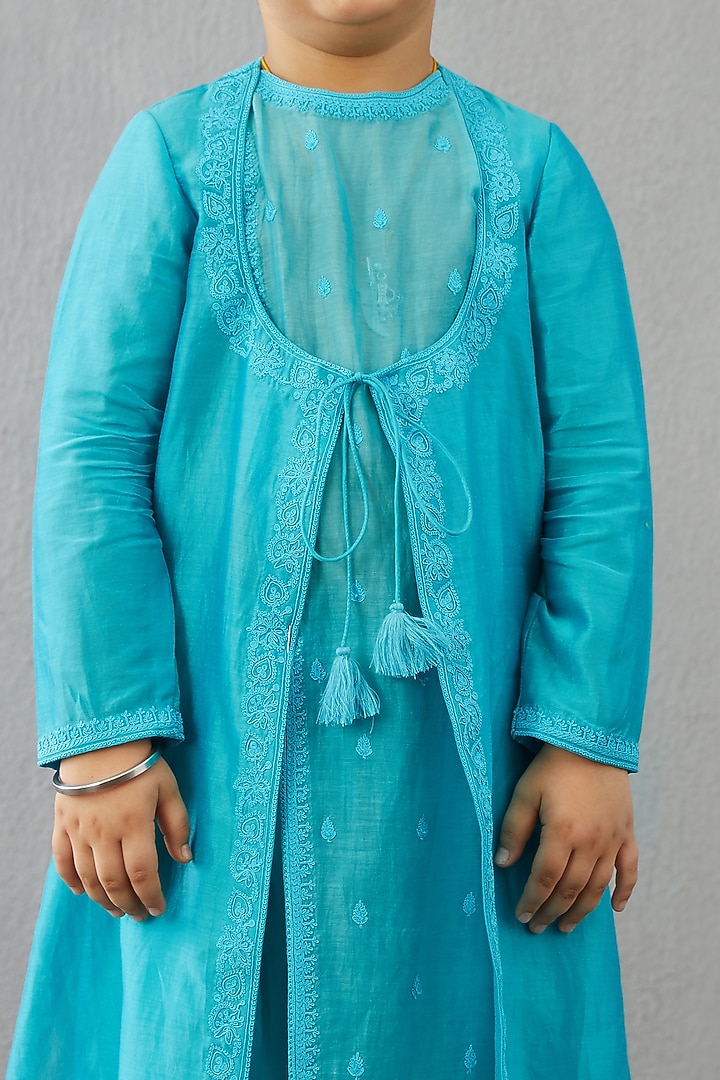 Caribbean Blue Handwoven Chanderi & Cotton Silk Kurta Set For Boys by Torani Kids at Pernia's Pop Up Shop