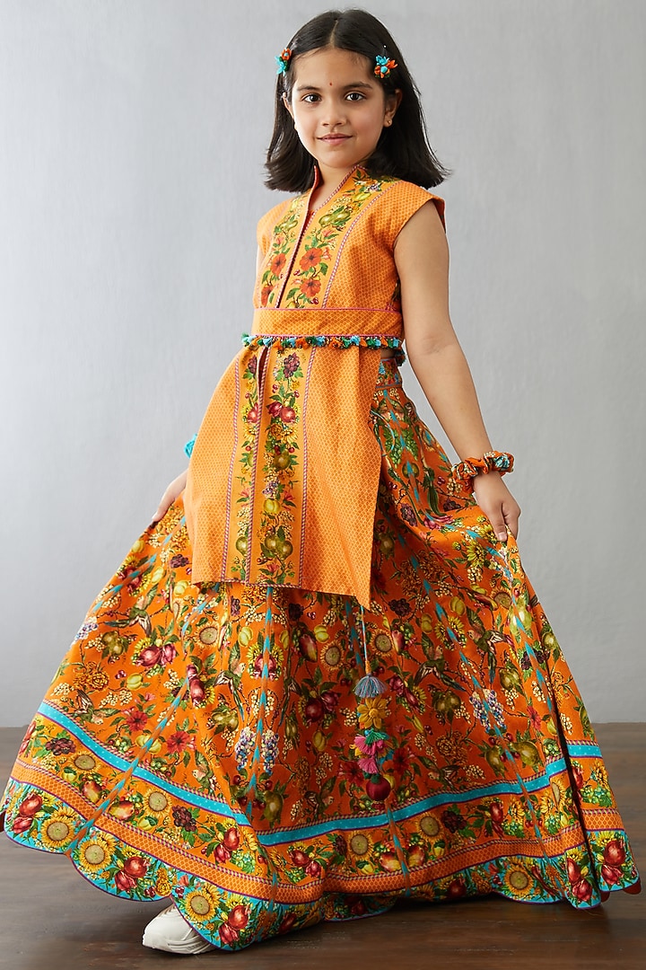 Clear Orange Chanderi Lehenga Set For Girls by Torani Kids at Pernia's Pop Up Shop