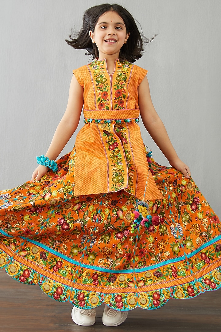 Clear Orange Chanderi Lehenga Set For Girls by Torani Kids at Pernia's Pop Up Shop