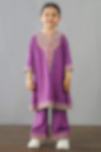 Plum Purple Hand & Machine Embroidered Kurta Set For Girls by Torani Kids