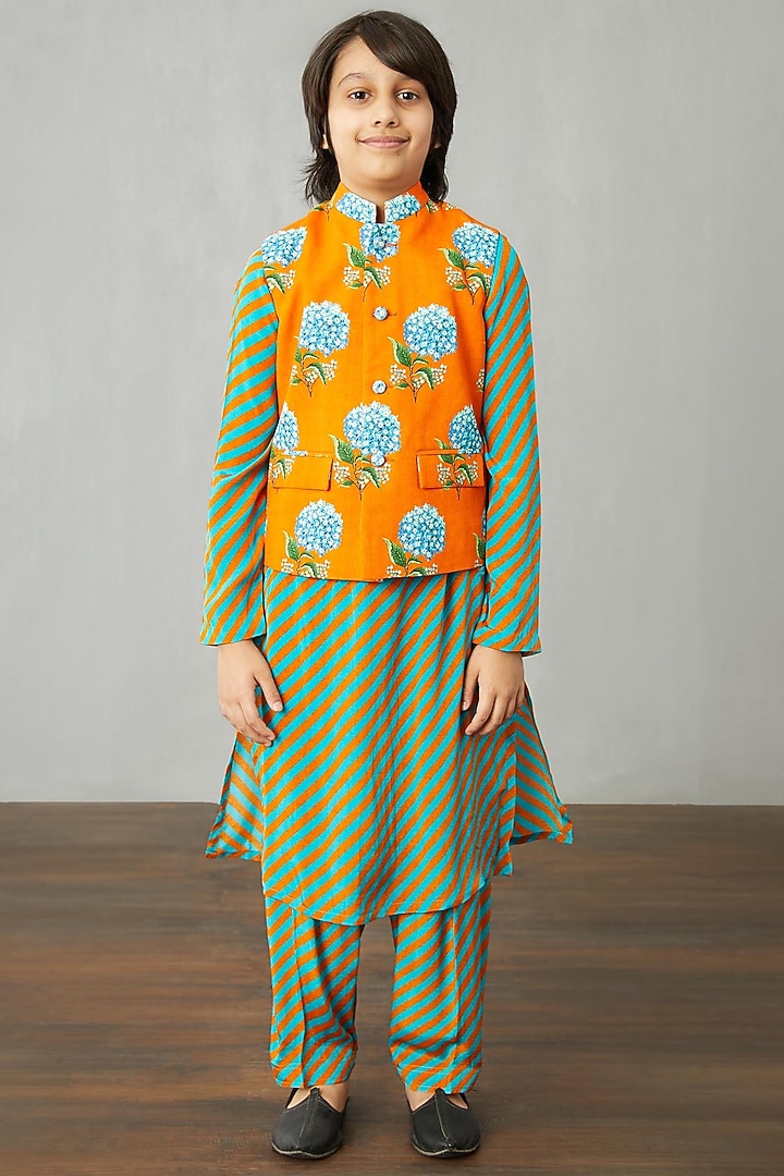 Bright Orange & Powder Blue Kurta Set With Bandi Jacket by Torani Kids at Pernia's Pop Up Shop