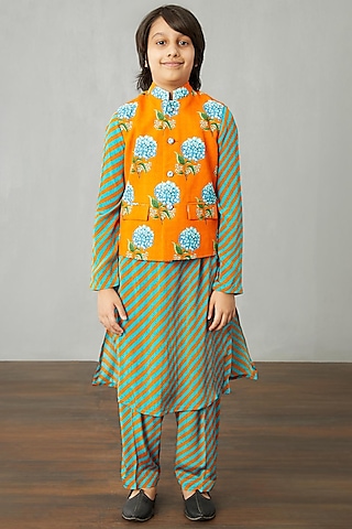 Bright Orange & Powder Blue Kurta Set With Bandi Jacket by Torani Kids