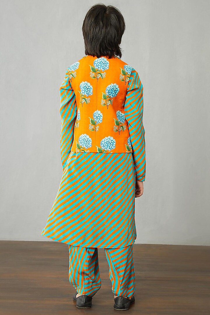 Bright Orange & Powder Blue Kurta Set With Bandi Jacket by Torani Kids at Pernia's Pop Up Shop