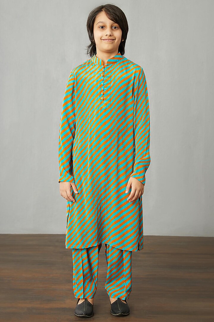 Bright Orange & Powder Blue Kurta Set With Bandi Jacket by Torani Kids at Pernia's Pop Up Shop