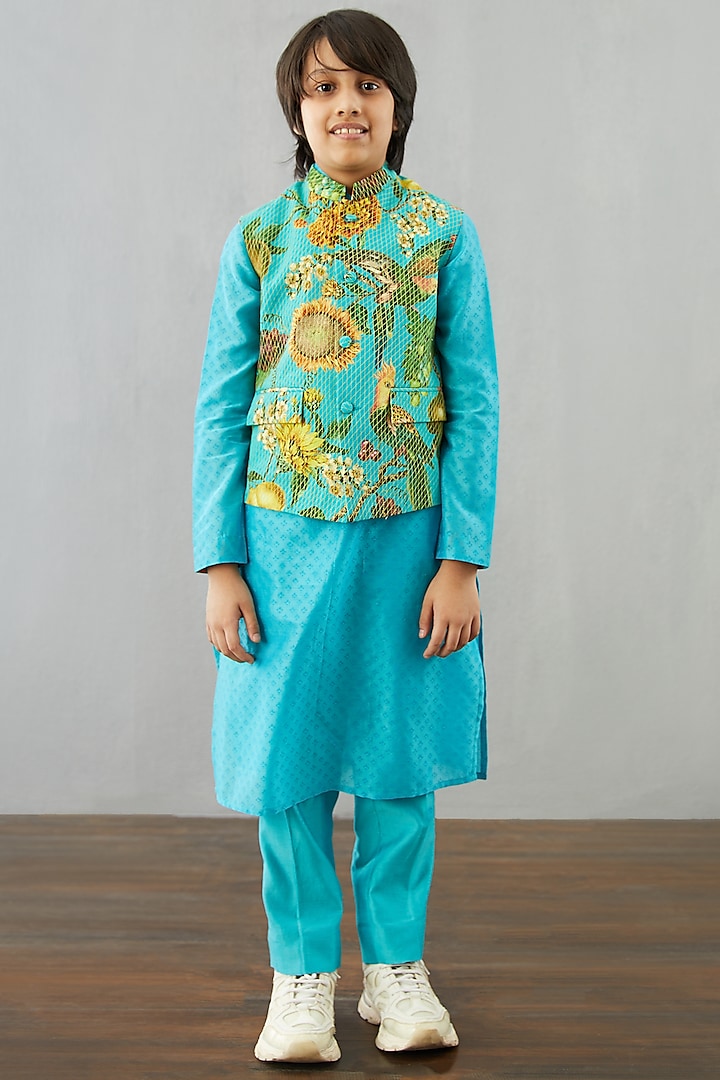 Caribbean Blue Kurta Set With Bandi Jacket by Torani Kids at Pernia's Pop Up Shop