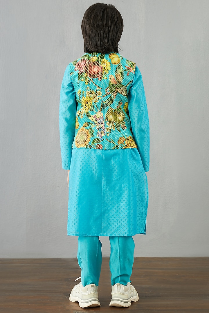 Caribbean Blue Kurta Set With Bandi Jacket by Torani Kids at Pernia's Pop Up Shop