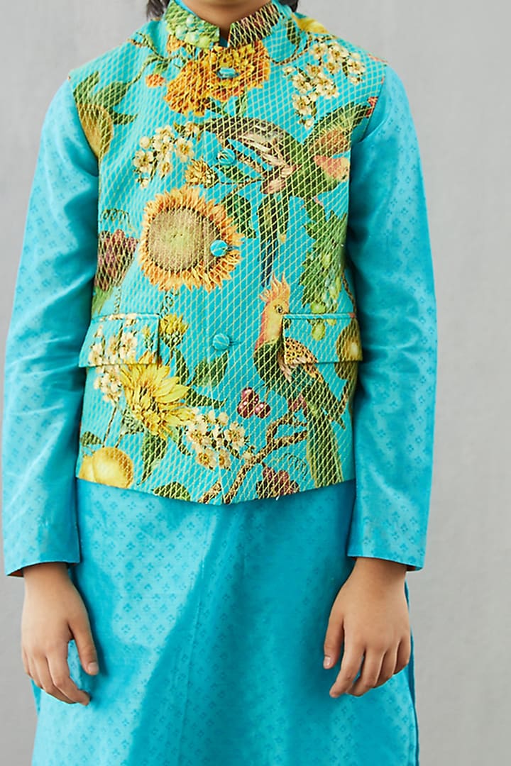 Caribbean Blue Kurta Set With Bandi Jacket by Torani Kids at Pernia's Pop Up Shop