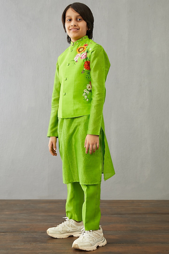 Leaf Green Chanderi Kurta Set With Bandi Jacket by Torani Kids