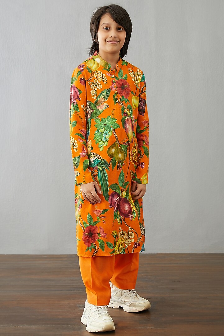 Bright Orange Chanderi & Cotton Silk Kurta Set For Boys by Torani Kids at Pernia's Pop Up Shop