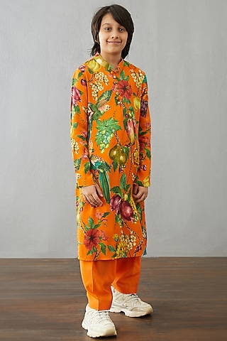 Bright Orange Chanderi & Cotton Silk Kurta Set For Boys by Torani Kids