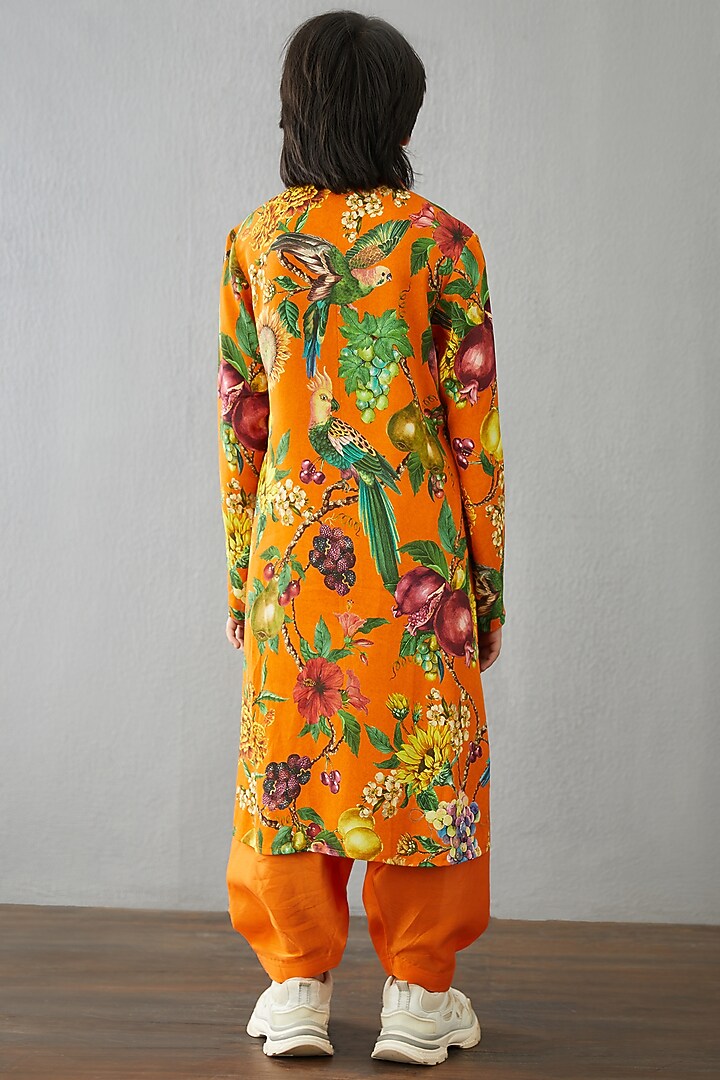 Bright Orange Chanderi & Cotton Silk Kurta Set For Boys by Torani Kids at Pernia's Pop Up Shop