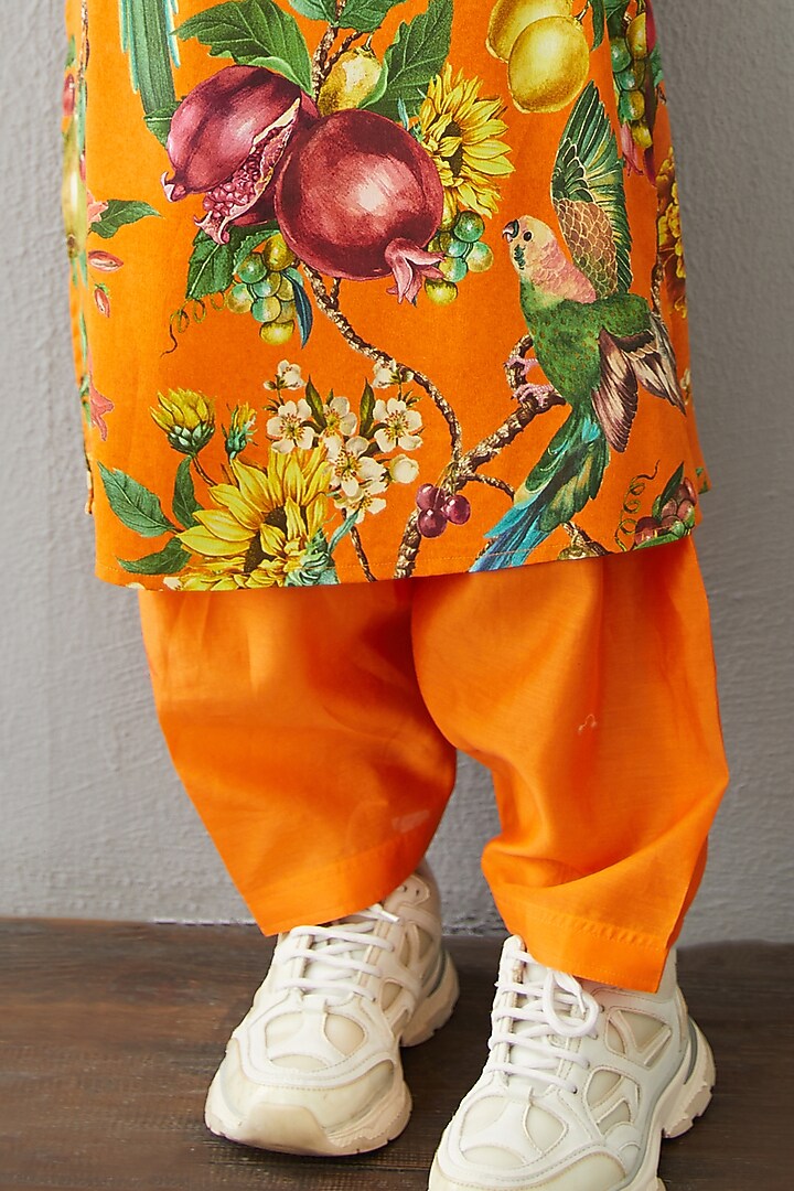 Bright Orange Chanderi & Cotton Silk Kurta Set For Boys by Torani Kids at Pernia's Pop Up Shop