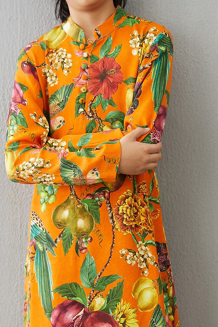 Bright Orange Chanderi & Cotton Silk Kurta Set For Boys by Torani Kids at Pernia's Pop Up Shop