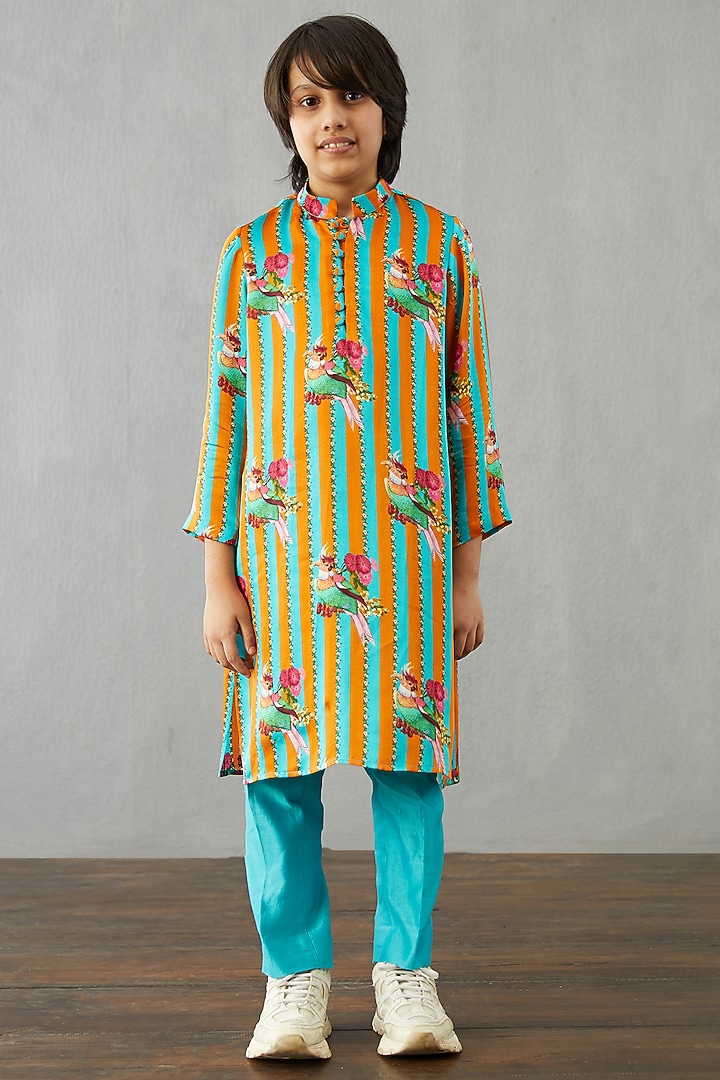Caribbean Blue & Bright Orange Kurta Set For Boys by Torani Kids at Pernia's Pop Up Shop