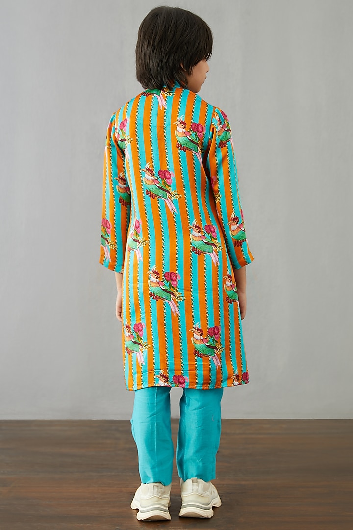 Caribbean Blue & Bright Orange Kurta Set For Boys by Torani Kids at Pernia's Pop Up Shop