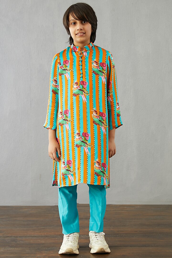 Caribbean Blue & Bright Orange Kurta Set For Boys by Torani Kids at Pernia's Pop Up Shop
