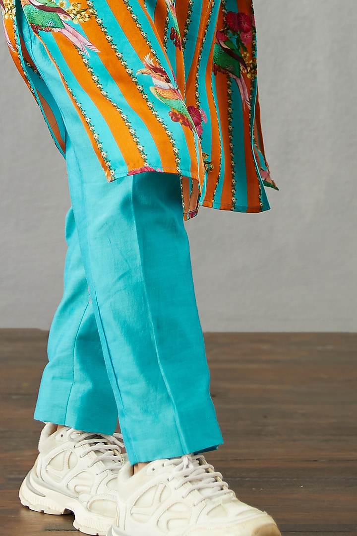 Caribbean Blue & Bright Orange Kurta Set For Boys by Torani Kids at Pernia's Pop Up Shop