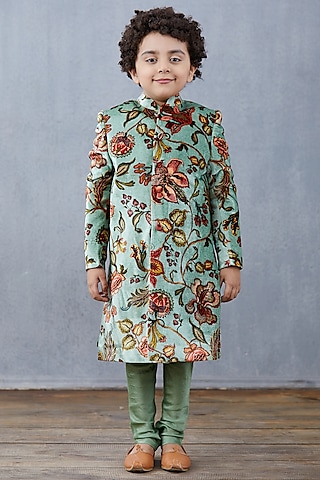 Pastel Turquoise Chanderi Sherwani Set For Boys by torani kids