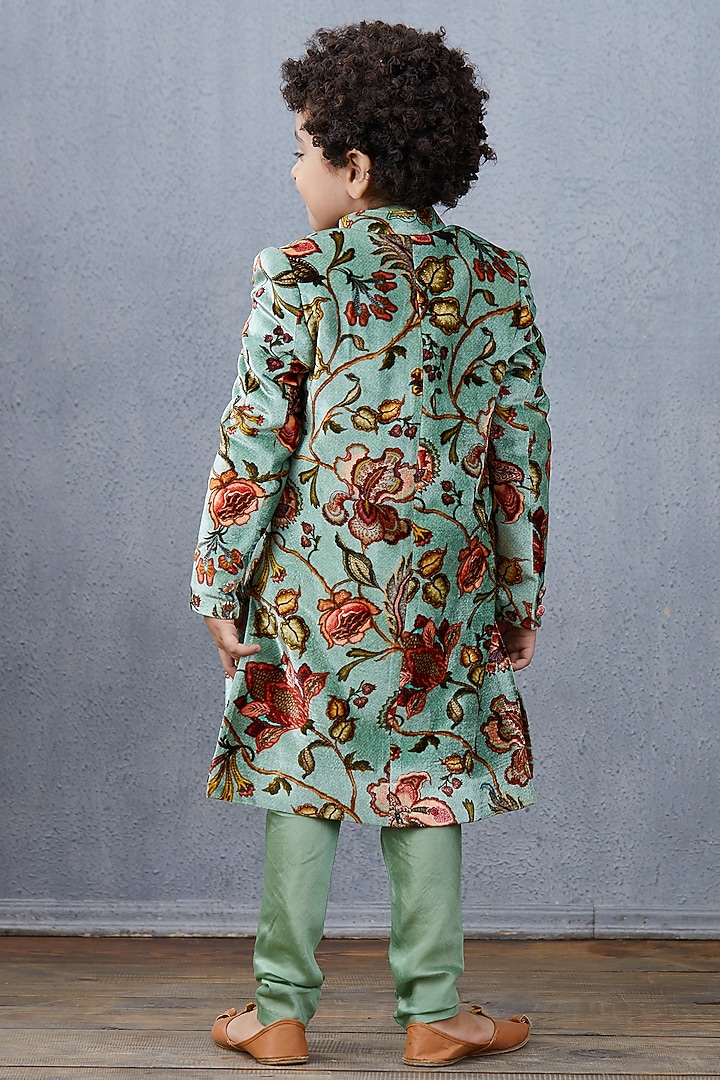 Pastel Turquoise Chanderi Sherwani Set For Boys by Torani Kids at Pernia's Pop Up Shop