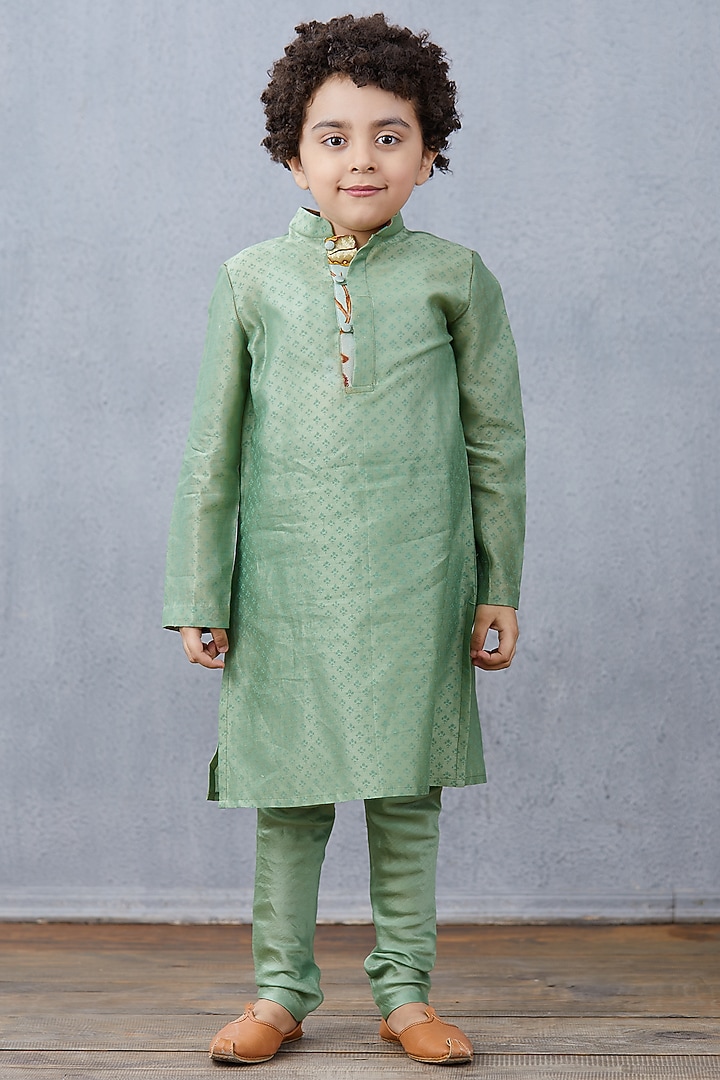 Pastel Turquoise Chanderi Sherwani Set For Boys by Torani Kids at Pernia's Pop Up Shop
