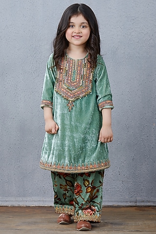 Caribbean Turquoise Silk Velvet Kurta Set For Girls by Torani Kids