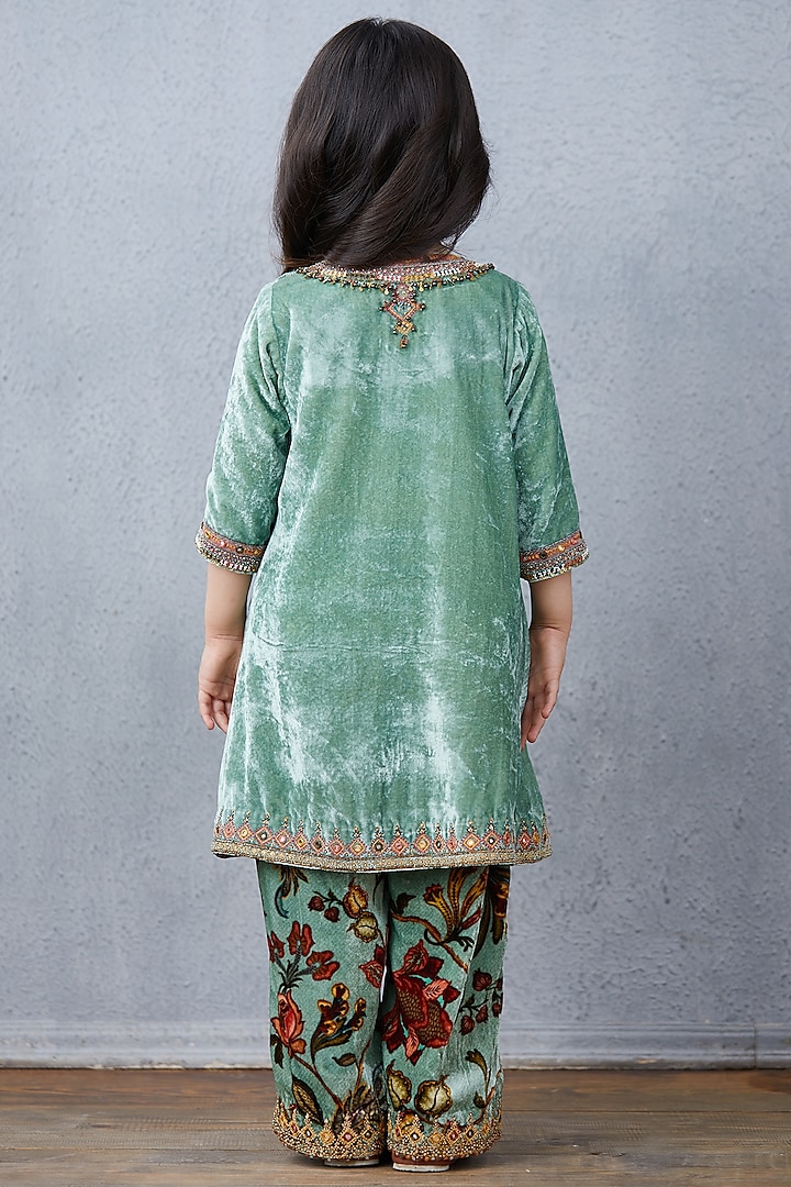 Caribbean Turquoise Silk Velvet Kurta Set For Girls by Torani Kids at Pernia's Pop Up Shop