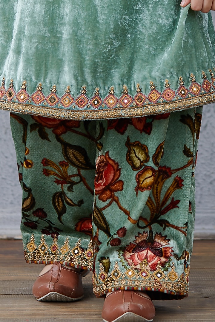 Caribbean Turquoise Silk Velvet Kurta Set For Girls by Torani Kids at Pernia's Pop Up Shop