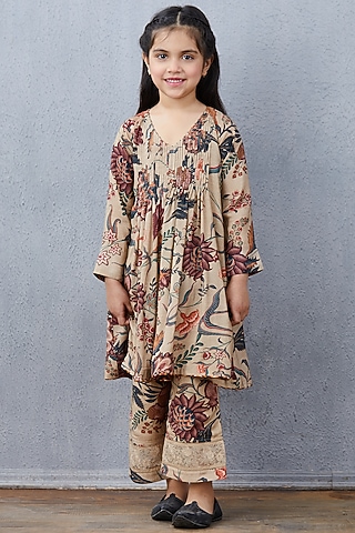 Beige Chanderi & Silk Organza Kurta Set With Scarf For Girls by Torani Kids