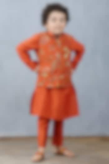 Orange Kurta Set With Bandi Jacket by Torani Kids