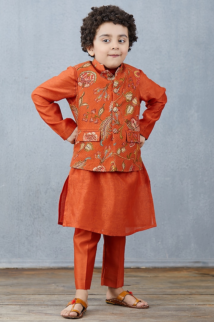Orange Kurta Set With Bandi Jacket by Torani Kids