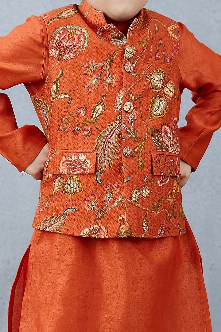 Orange Kurta Set With Bandi Jacket by Torani Kids at Pernia's Pop Up Shop