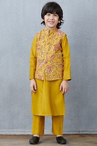 Mustard Kurta Set With Bandi Jacket by Torani Kids