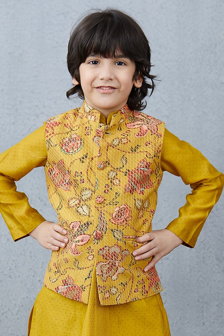 Mustard Kurta Set With Bandi Jacket by Torani Kids at Pernia's Pop Up Shop