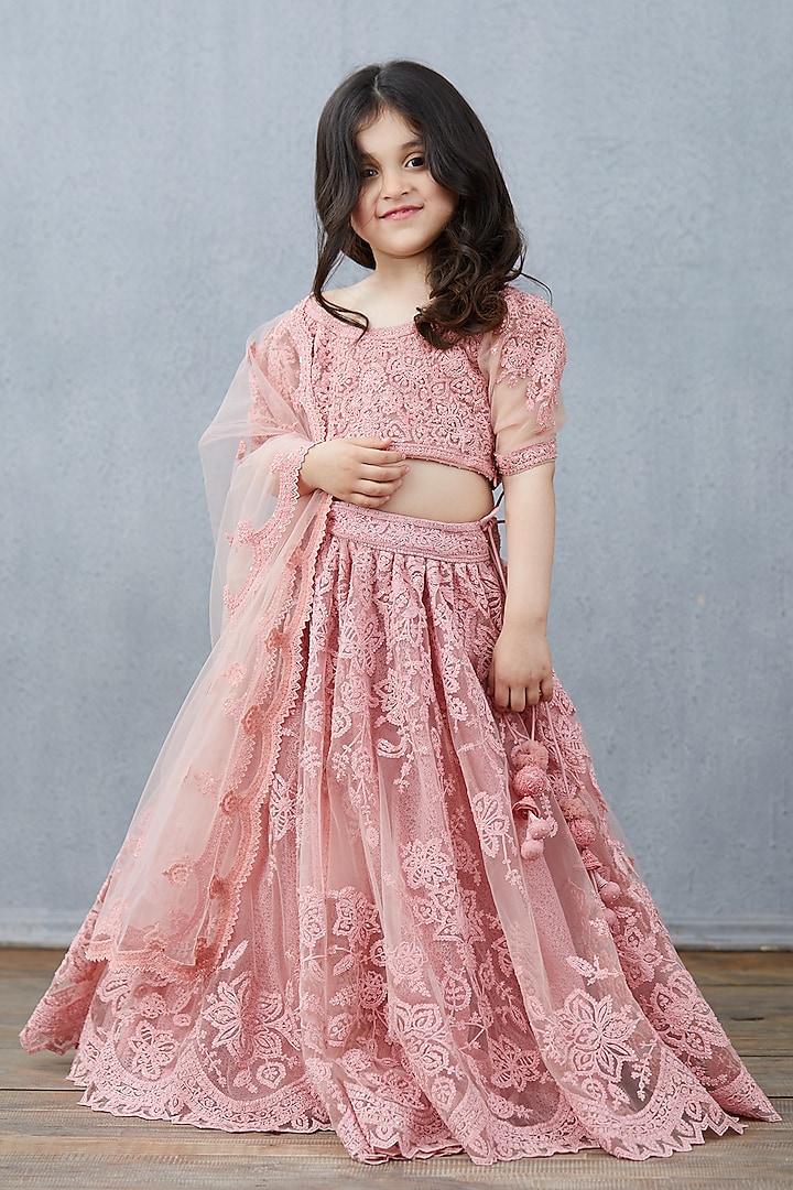 Blush Pink Embroidered Lehenga Set For Girls by Torani Kids