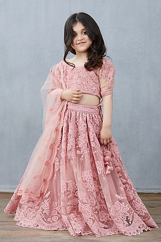 Blush Pink Cotton Silk Embroidered Lehenga Set For Girls by Torani Kids