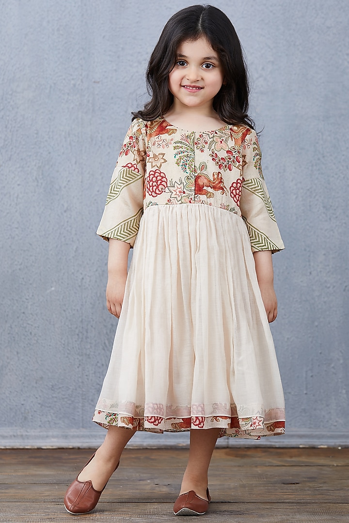 Beige Chanderi Dress For Girls by Torani Kids at Pernia's Pop Up Shop