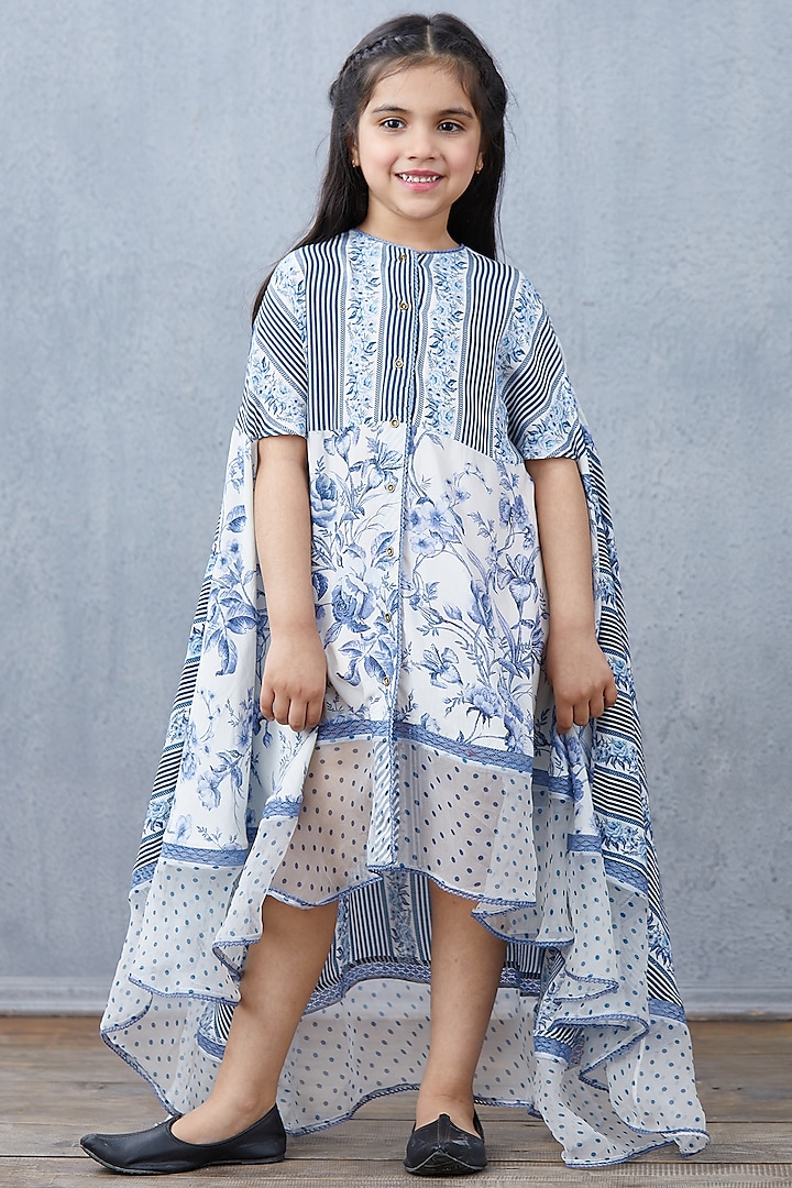 Powder Blue & White High-Low Kurta For Girls by Torani Kids at Pernia's Pop Up Shop