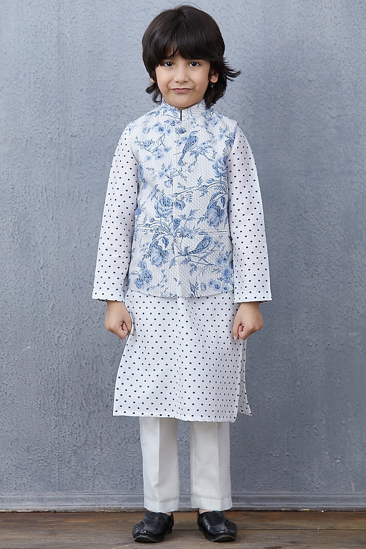 Powder Blue & White Bandi Jacket With Kurta Set by Torani Kids