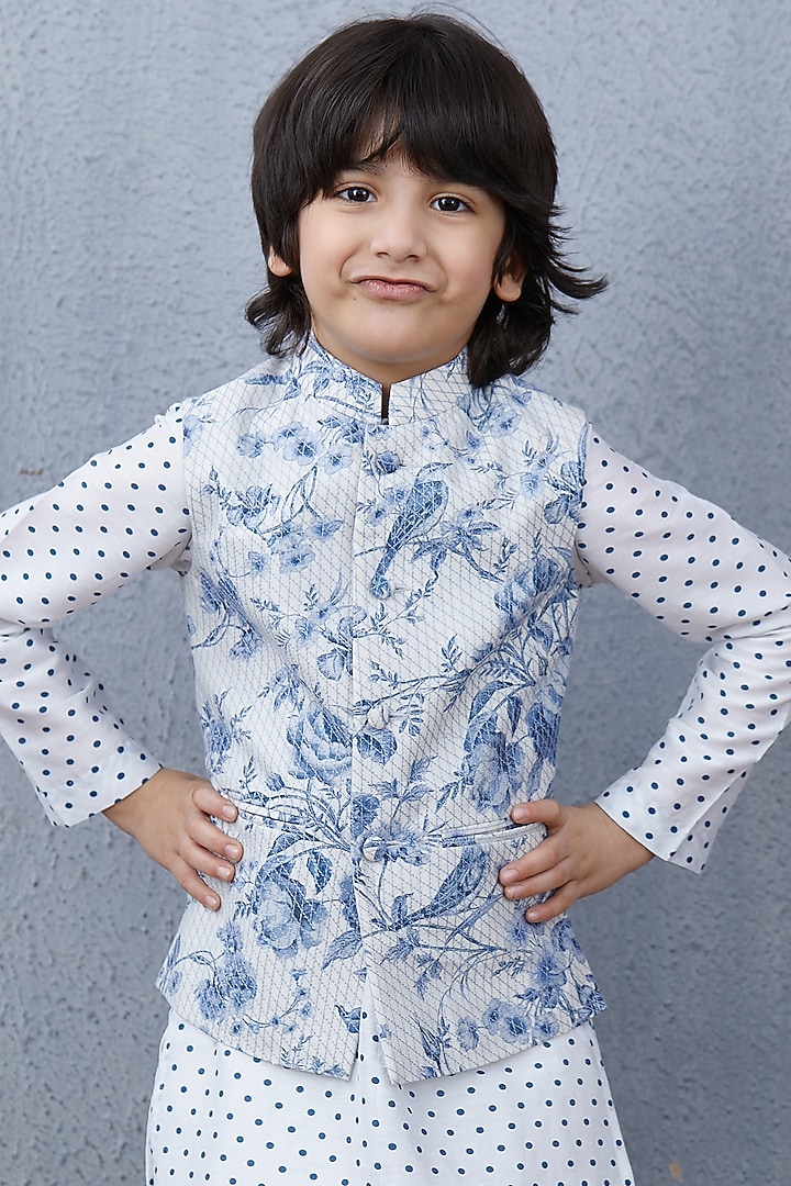 Powder Blue & White Bandi Jacket With Kurta Set by Torani Kids at Pernia's Pop Up Shop