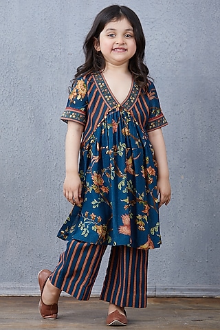 Peacock Blue & Bright Orange Cotton Silk Printed Kurta Set by Torani Kids