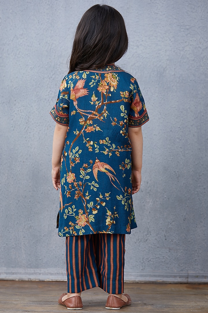 Peacock Blue & Bright Orange Cotton Silk Printed Kurta Set by Torani Kids at Pernia's Pop Up Shop