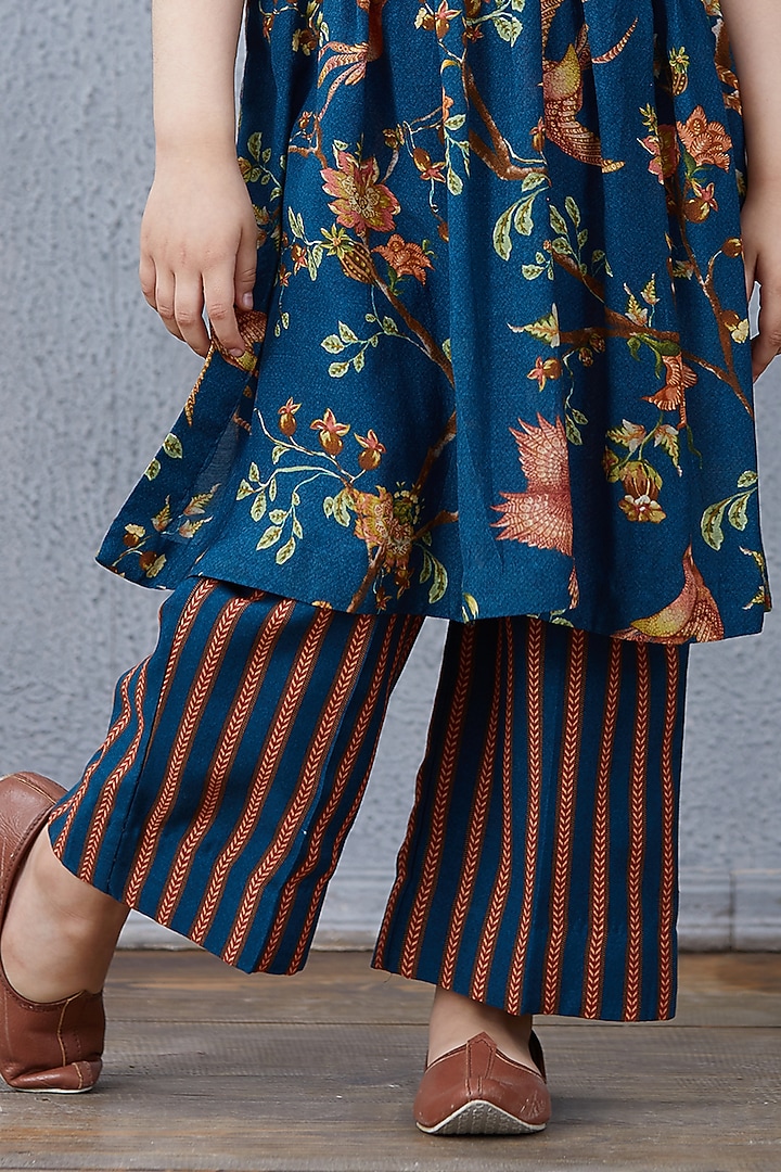 Peacock Blue & Bright Orange Cotton Silk Printed Kurta Set by Torani Kids at Pernia's Pop Up Shop