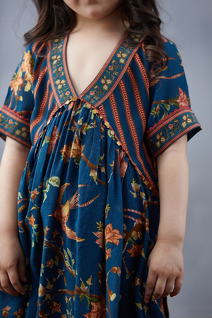 Peacock Blue & Bright Orange Cotton Silk Printed Kurta Set by Torani Kids at Pernia's Pop Up Shop