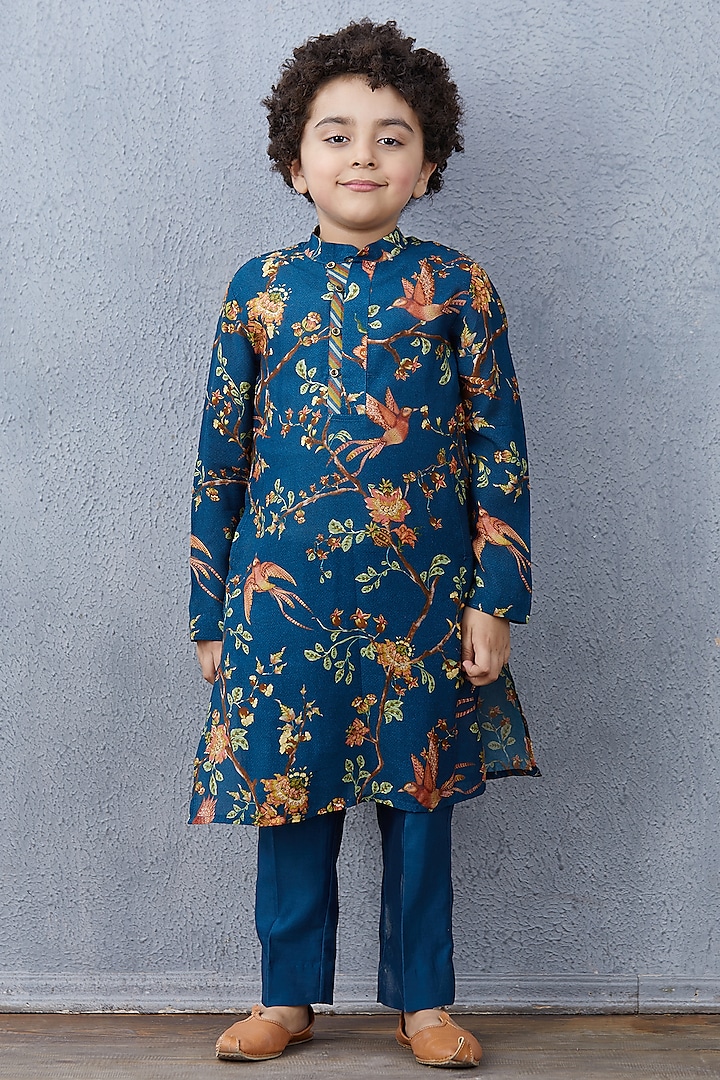 Peacock Blue Chanderi Kurta Set For Boys by Torani Kids